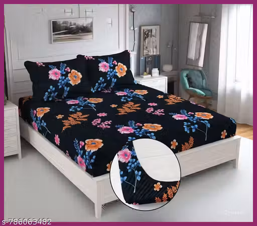 HT® DOUBLE BED SAFARI COTTON ELASTIC FITTED BEDSHEET WITH 2 PILLOW COVERS (Size of Bedsheet 72X78+8 Inches Matteress, Size of Pillow covers 18X28 inches)