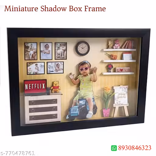 Personalized 3D Miniature Shadow Box Photo Frame (9x13 Inch) - Custom Birthday Gift with Mini Furniture, Netflix Screen & Multi-Photo Display - Black Frame
