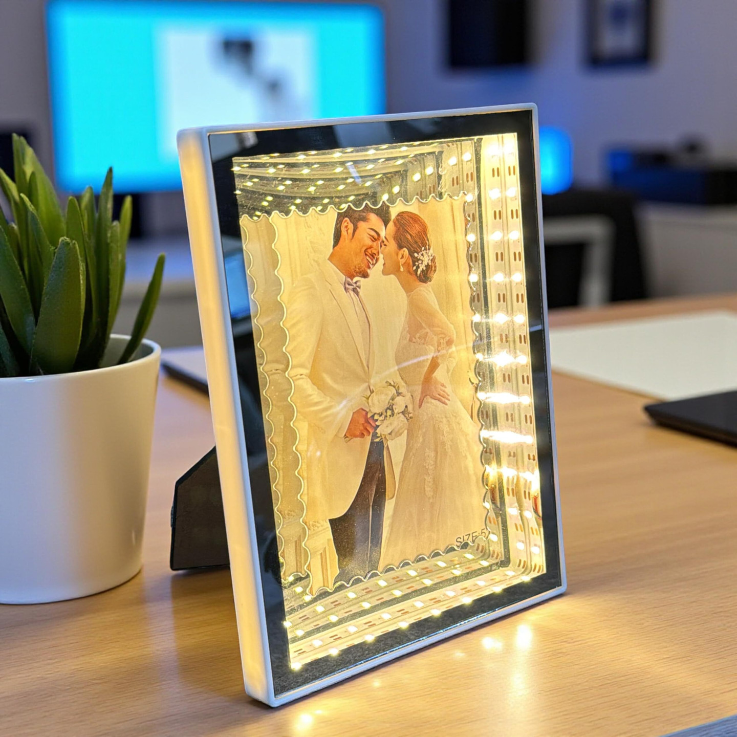Art Street Plastic Table Photo Frame (White, Brown, 1 Photo(s), Led Couple Photo Frame with Spiral Shape Mat, Table Top LED Photo 5x7 Inch)