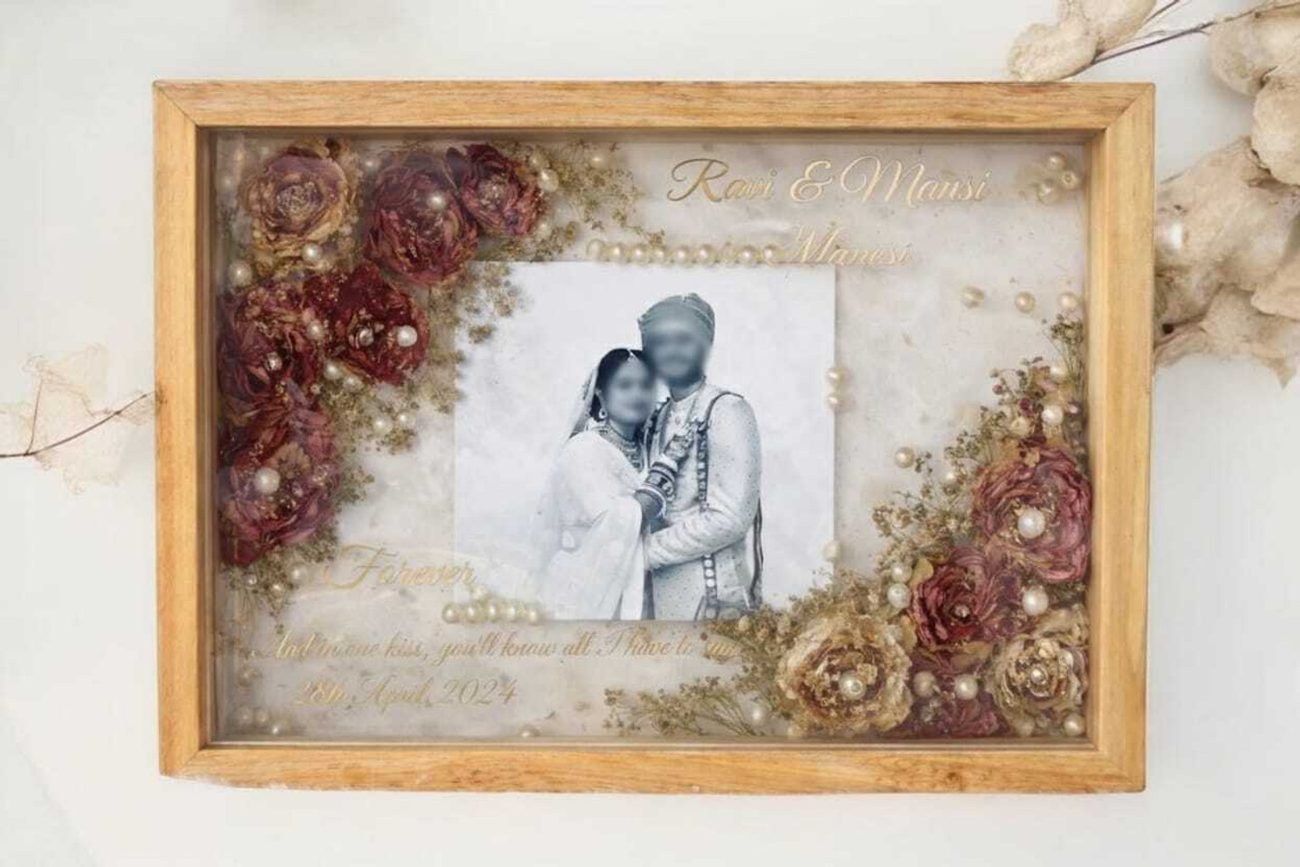 Himcraft Wood Wall Photo Frame (Teak, 1 Photo(s), 12X9 Inches Frame Acrylic Base Wooden Tray, for Varmala & Flower Garland Preservation | Ideal for Resin Art | Premium Teak Wood Frame))