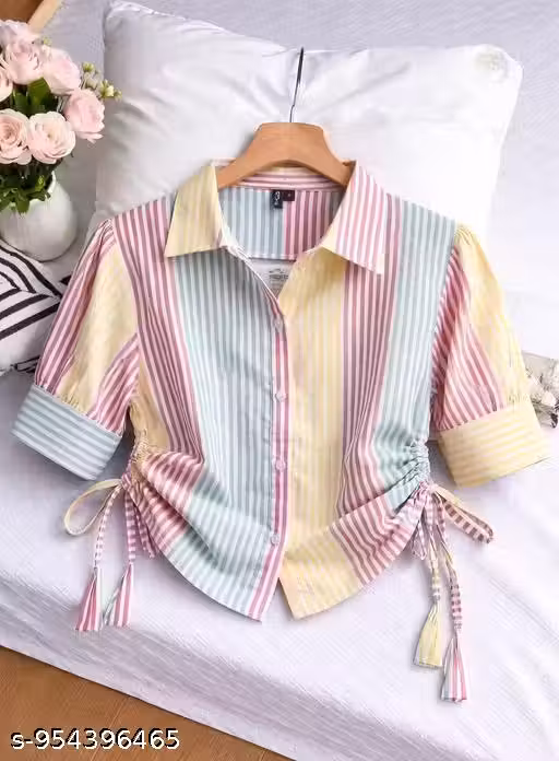 Women & Girl Stylish Multicolor Striped Collared Shirt Top