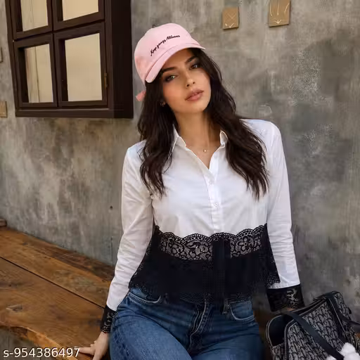 Trendy Women Casual White Shirt with Black Lace Patch Full Sleeve Stylish Western Top for Girls & Women