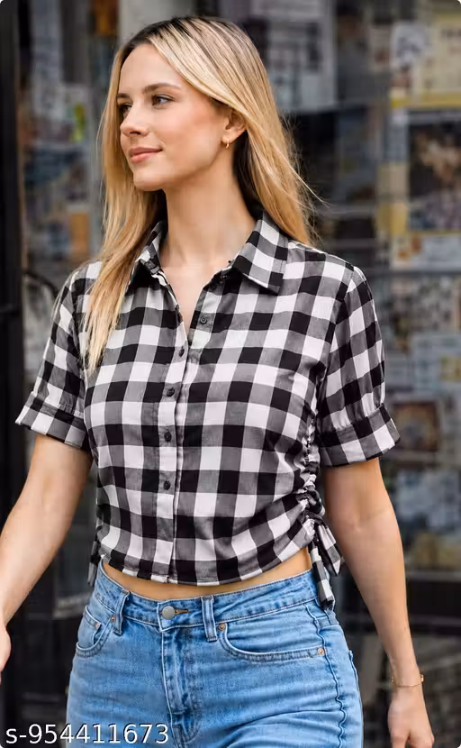 Trendy Women Black White Checkered Crop Top Shirt Stylish Half Sleeve Casual Western Wear Top for Girls & Women