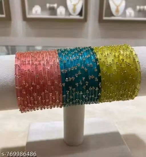 RP BADLAS Multicolor Crystal Studded Glass Bangles Set for Women | Pink Blue Green Designer Glass Chudi | Traditional Party Wear Wedding Bangles | Premium Shimmer Stone Work Bangles