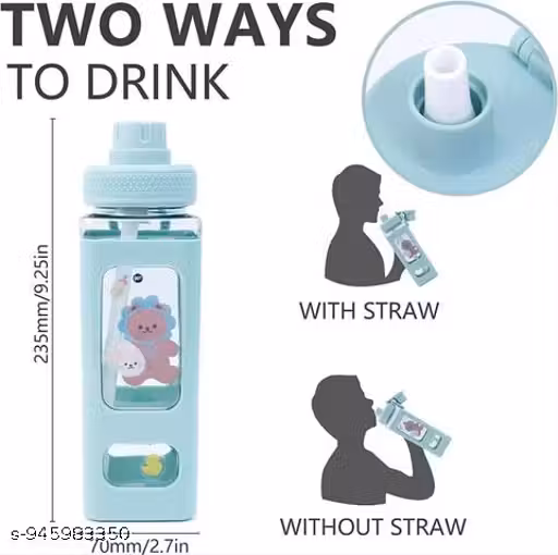 Kawaii Bear Water Bottle with Straw & Stickers – 700ml Cute Square Plastic Drinking Bottle for Girls | Portable Juice/Tea/Sports Bottle | Leak-Proof multi color Bottle (Pack of 1)