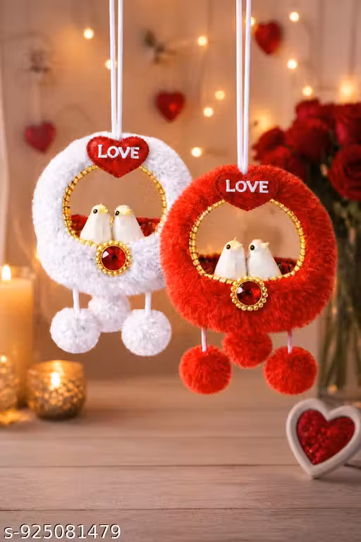 Romantic Love Birds Hanging Decor | Car Rear View Mirror Hanging | Couple Gift | Home Decoration | Valentine Special Soft Fur Hanging