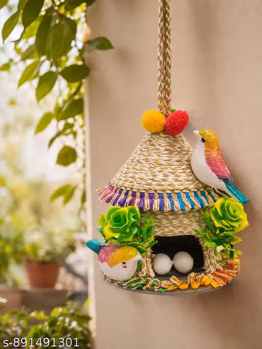 Handmade Hanging Bird Nest for Home Decor | Decorative Bird House with Artificial Birds & Flowers | Balcony Garden Hanging Nest | Eco-Friendly Straw Nest
