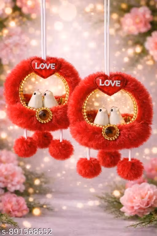 Cute Love Birds Hanging Decor | Romantic Couple Showpiece | Car Hanging | Home Decoration Gift | Valentine Special Soft Plush Heart Decor
