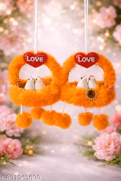 Romantic Love Birds Hanging Decor | Cute Couple Nest Showpiece | Car Home Decoration Gift | Soft Fur Hanging with Heart Design