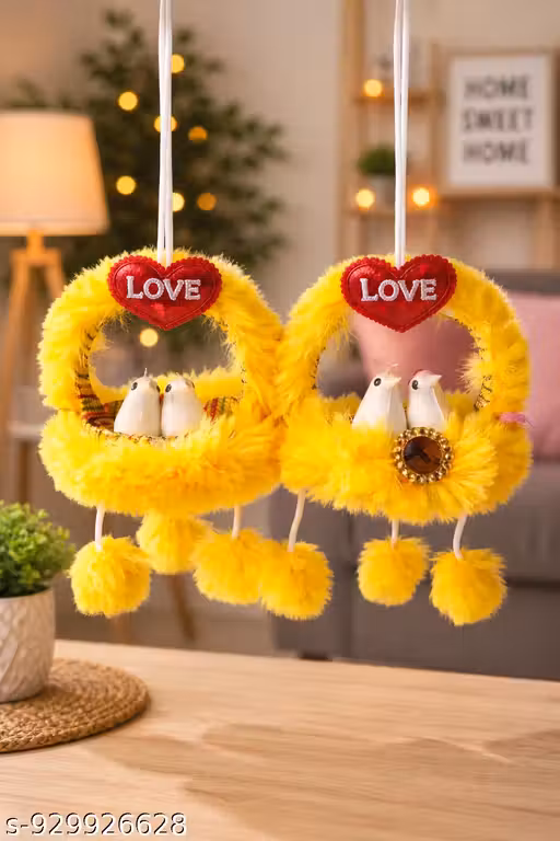 Couple Love Birds Hanging Decor | Cute Car Hanging & Home Decoration | Romantic Gift for Couples, Bedroom & Living Room Decor (Yellow Fur Design)