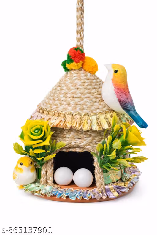 Handmade Hanging Bird Nest Decor with Artificial Birds & Flowers | Home Decoration Hanging Hut | Balcony Garden Decor | Unique Gift Item