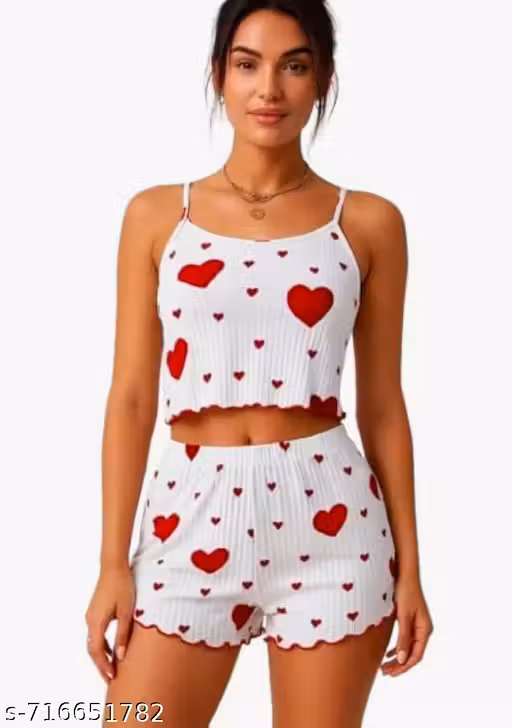 Nighty Heart print short and top for women night suit for girls