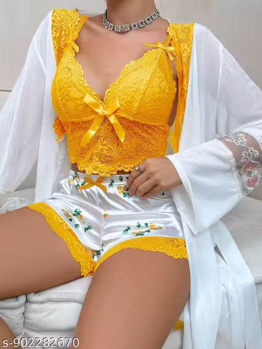 Women's Stylish Printed Satin Nightwear | Designer Yellow Lace Crop Top & Shorts Set | Comfortable 3-Piece Night Dress with Shrug
