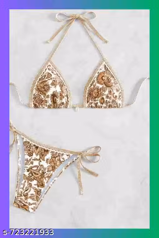 Luxury Gold-Tone Printed Bikini with Shell Detail