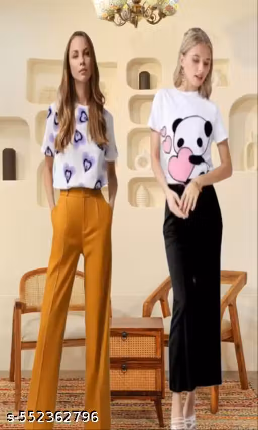 Stylish Polyester Lycra Top & Bottom Set: Digital Printed T-Shirt + Pocket-Free Trouser for Girl & Women