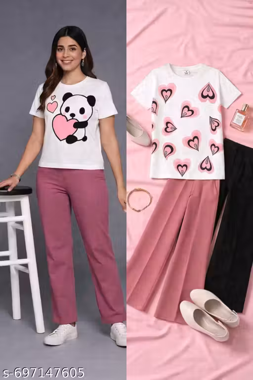 Cute Panda Graphic Print Tee & Black Combo Tracksuit for GirlsTitle mein "Girls Wear," "Cotton," "Summer Collection," aur "Party Wea