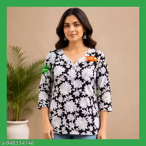 Women Pure Cotton Printed Short Kurti | Floral Print Straight Short Kurta for Women & Girls | Trendy Casual Tunic Top | Comfortable Daily Wear Kurti | designer women short kurti | floral print kurti | casual kurti for women | trendy kurti girls | daily we