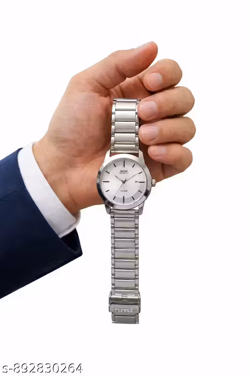 Premium Silver Chain Strap Men’s Quartz Watch with Date Display | Classic Silver Stainless Steel Analog Watch for Men | Minimal Formal Office Wear Wrist Watch