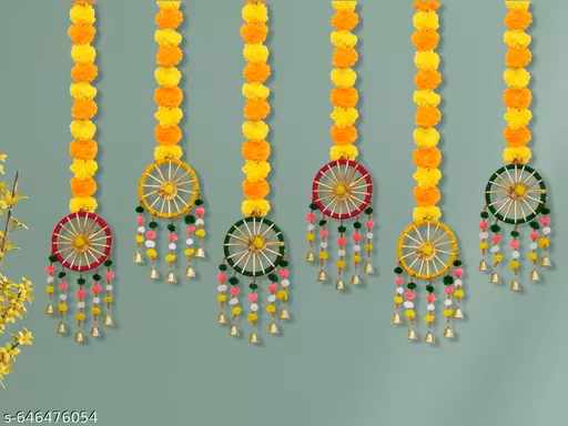 Krishiv Handmade Artificial Marigold Fluffy Flowers with Ring Bell Hanging Latkan Toran for Home | Festival | Wedding | Temple Pooja Room Decoration Diwali Decoration (Pack of 6)