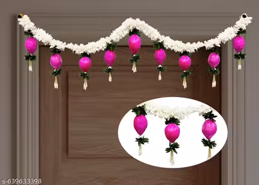 Handmade Toran Gajra with Pink Lotus – Decorative Door Hanging for Home, Temple, Wedding,Diwali & Festive Decor – Indian Floral Bandhanwar Main gate Toran
