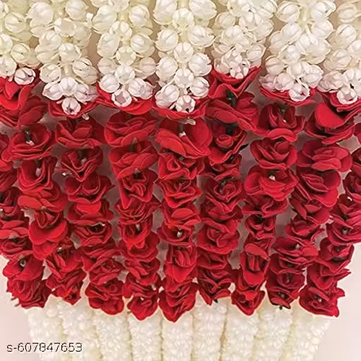 Artificial mogra Jasmine Flower Set of 4 Garland String ladi for Home Door Decoration Hanging Diwali String with 21 Roses (Gulab) (White MOGRA RED Rose) Home decoration