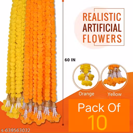 Artificial Marigold Garlands with Bells & Rajnigandha,Pack of 10 Strings, Export Quality -Perfect for Home Décor; Relgious Festival-Diwali/Ganpati/Pooja Décor,Door Décoration, 60Inches