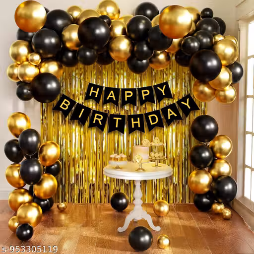 Happy Birthday Decoration Party Propz Happy Birthday Decoration Kit - 46 Pcs Black and Gold Balloons for Birthday Decoration Kit for Husband, golden Foil Curtain, Black and Gold Banner