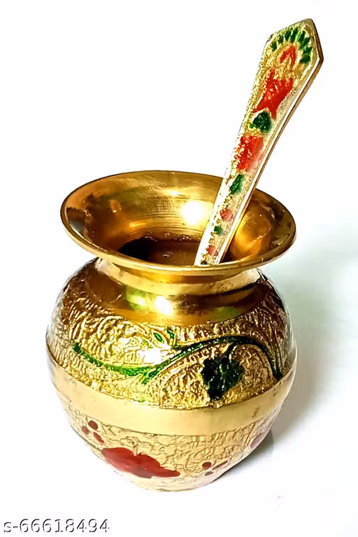 Pure Brass Golden Plated Pooja Kalash Lota with Spoon.