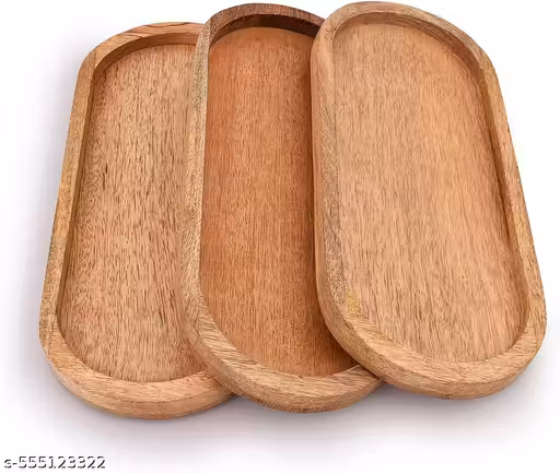 Set of 3 Serving Trays for Tea & Coffee | Handcrafted Wooden Platter for Breakfast, Snacks, Drinks | Lightweight & Durable | Kitchen & Dining Decor Tray