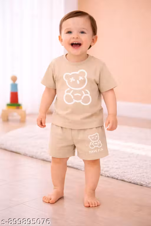 Teddy Bear Print Kids Set (Biege) | T-Shirt & Shorts | Garmi ke Kapde | Stylish Summer Bachon ke Kapde