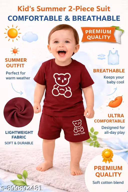 Teddy Bear Print Kids Set (Vine) | T-Shirt & Shorts | Garmi ke Kapde | Stylish Summer Bachon ke Kapde