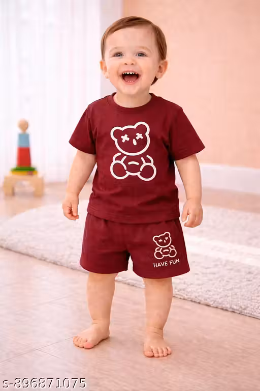 Cute Teddy Bear Printed T-Shirt & Shorts Set for Baby Boys & Girls(Vine)
