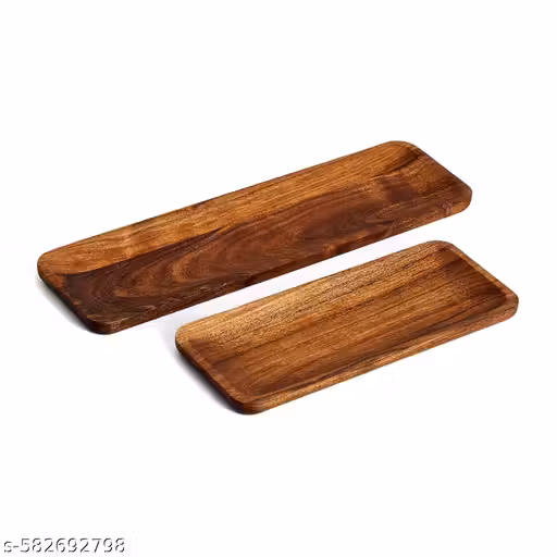 Set of 2 Wooden Serving Tray | Acacia Wood Handmade Rectangular Platter for Serving Breakfast, Snacks, Coffee, Tea | Kitchen and Dining Decorative Tray | Cafe, Restaurants | Food Safe
