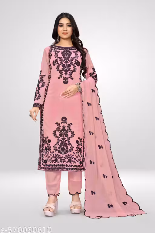 Women's Pink Georgette Embroidered Kurta With Dupataa | Kurta Sets