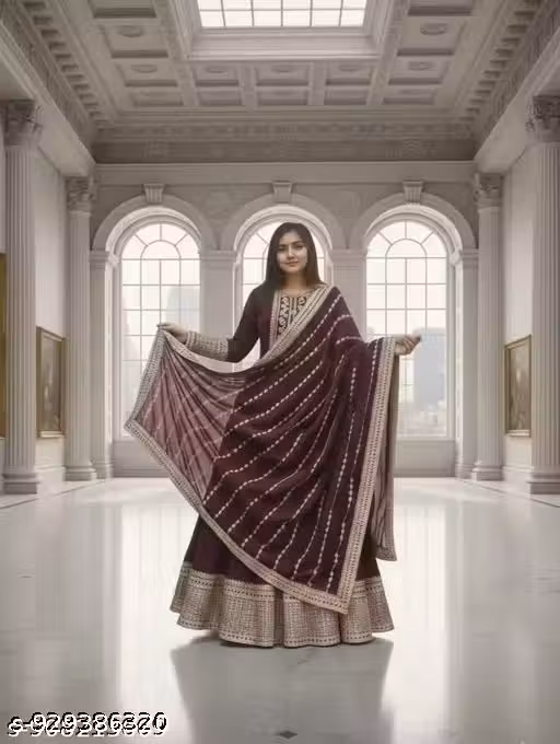 Wedding SpecialWine Colour Georgette Embrodary work Gown with Duppata ( No bottam wear ) set .