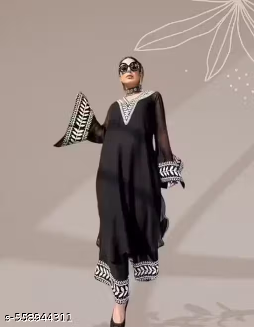 Snizvi Supar Black Summer Spacial Black Colors And White Embroideri Fox Georgette Suit Set Women & Girls Kurta And Plazzo Set