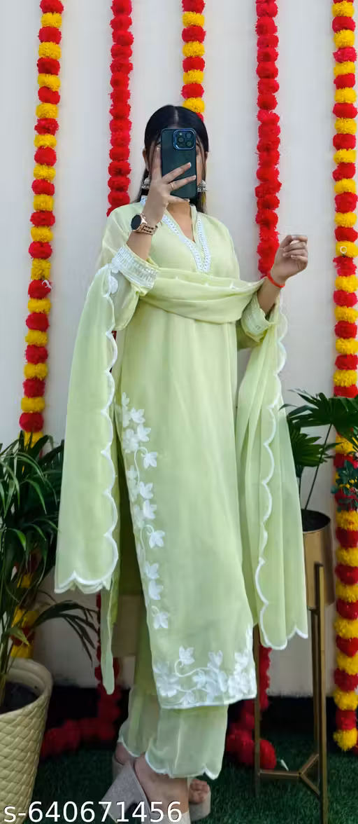 Snizvi Beautiful Georgette Chikankari Hand Work Embroidery Kurta Pant with Dupatta