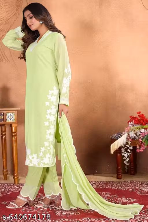 Snizvi Beautiful Georgette Chikankari Hand Work Embroidery Kurta Pant with Dupatta |Kurta Set