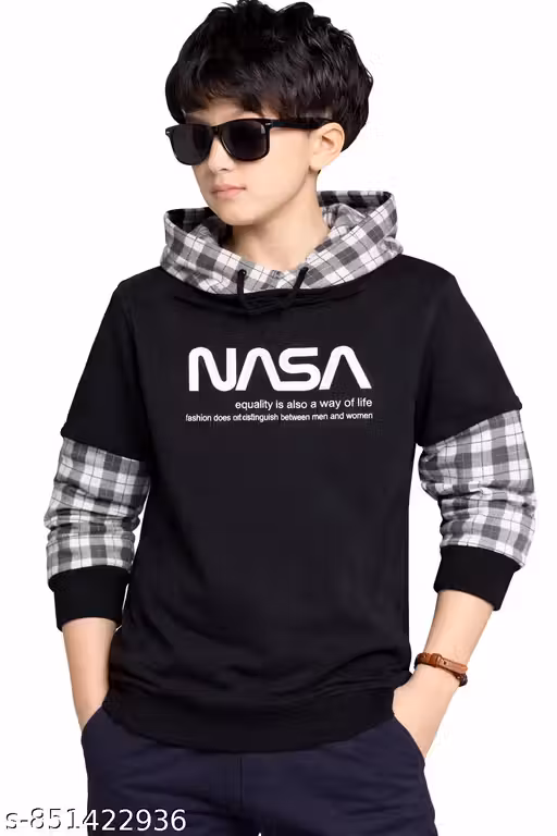 Boys & Girls Stylish Black NASA Printed Cotton Hoodie T-Shirt | Lightweight Summer Wear | Trendy Kids Wear