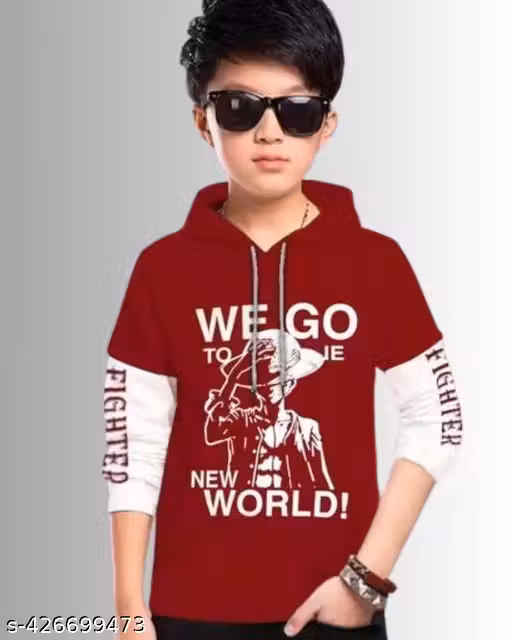 Kids Boys & Girls Printed Hooded Pure Cotton Full Sleeves T-shirt