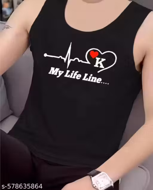 "Black Lifeline Design Sleeveless Vest | Trendy Gym & Casual Wear Baniyan for Men"