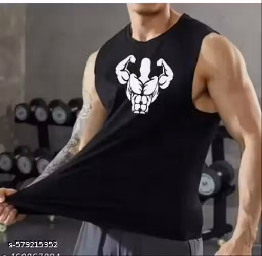 "Black Printed Design Sleeveless Vest | Trendy Gym & Casual Wear Baniyan for Men"