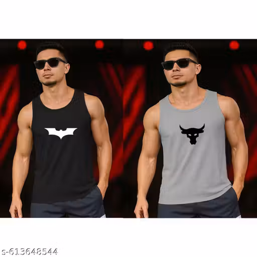 "Black-Grey Printed Design Sleeveless Vest | Trendy Gym & Casual Wear Baniyan for Men"