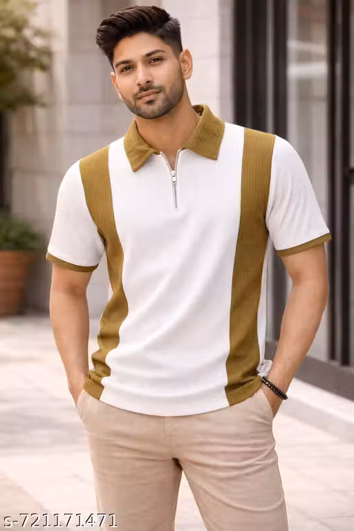 Men Colorblock Polo Neck Cotton Blend Beige, White T-Shirt.