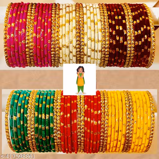 SALE PRICE LIVE !!! Colorful Traditional Glass Bangle Set with Golden Accents for Indian Women