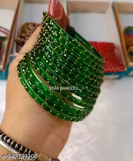Latest raindrops style glass bangles for women and girls colour Green pc12 pack of 1