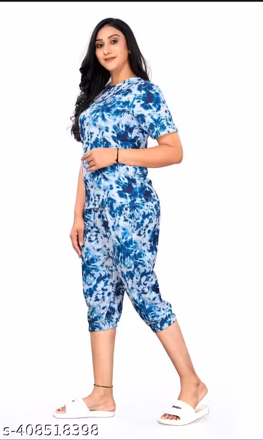 Women Capri Set Co ords set Cotton Lycra Western Wear Blue Dress