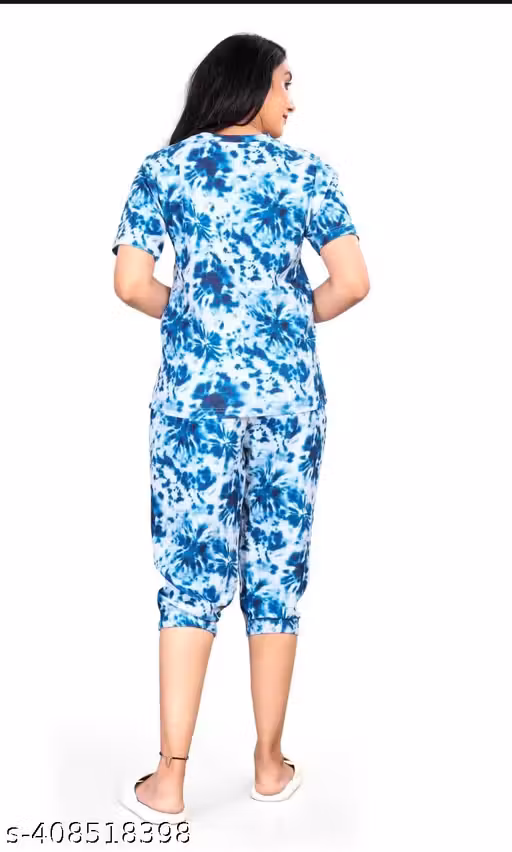 Women Capri Set Co ords set Cotton Lycra Western Wear Blue Dress