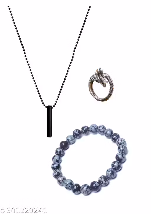 Combo Black 3D Cuboid , Dragon Ring And Natural Stone Snowflake Bracelet