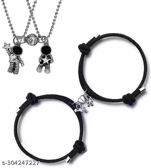 Sparrow Industry Combo Magnetic Valentines Day Spaceman Astronaut Round Ball Love Couples Promise 2 in 1 Duo Pendant Locket And Adjustable Broken Heart Wrist Band Cuff Dori Rope Bracelet…